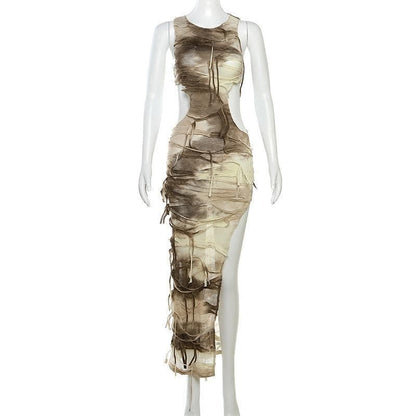 Tie Dye Shredded Side Cutout High Slit Sleeveless Maxi Dress