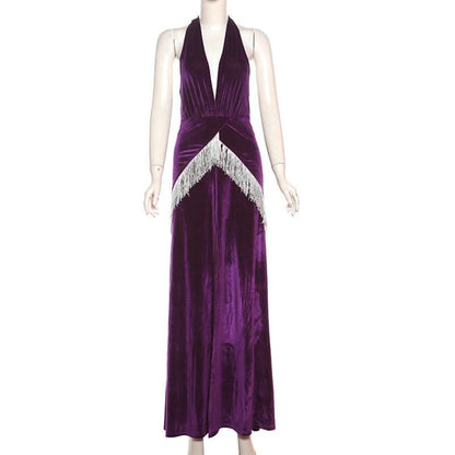 Halter v neck velvet tassels slit backless maxi dress