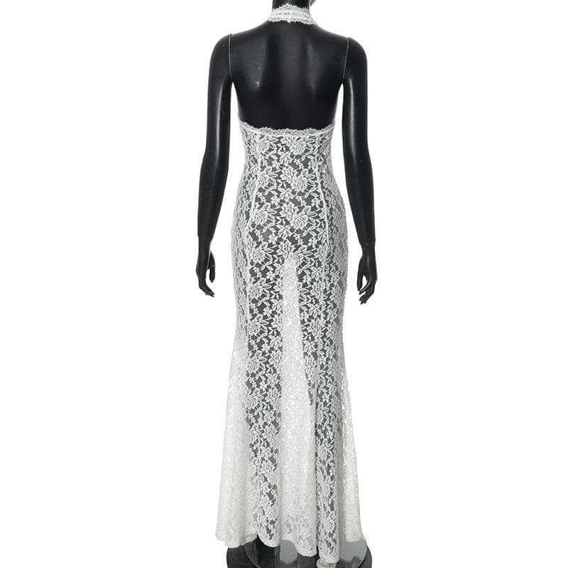 Halter hollow out lace see through cut out maxi dress