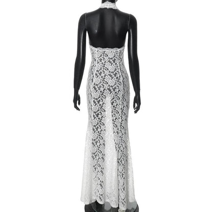 Halter hollow out lace see through cut out maxi dress