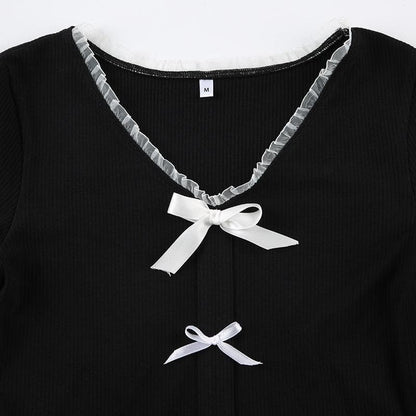Short sleeve ruffle ruched bowknot ribbed top