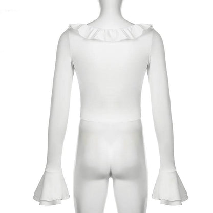 Long flared sleeve crewneck ruffle solid top