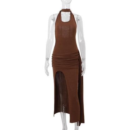 Halter slit irregular knitted ruched midi dress