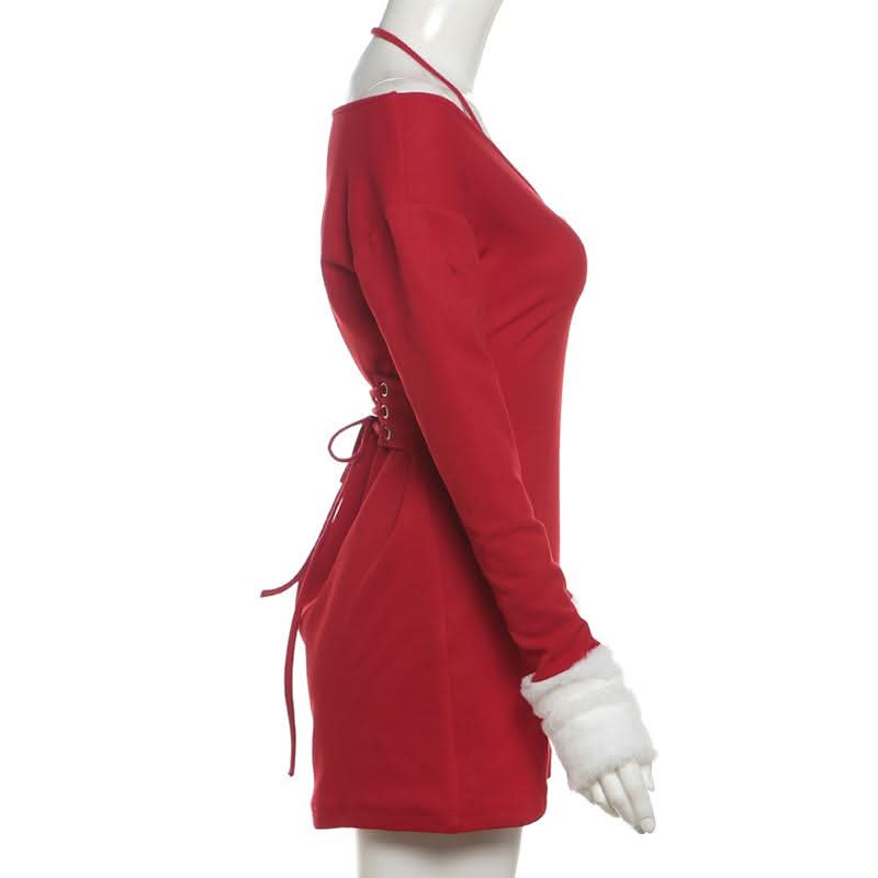 Halter long sleeve off shoulder fluffy mini dress