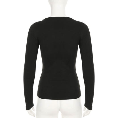 Cross front lace hem long sleeve hollow out cut out top