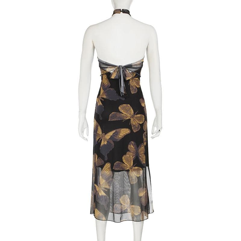 Halter butterfly print backless mesh maxi dress