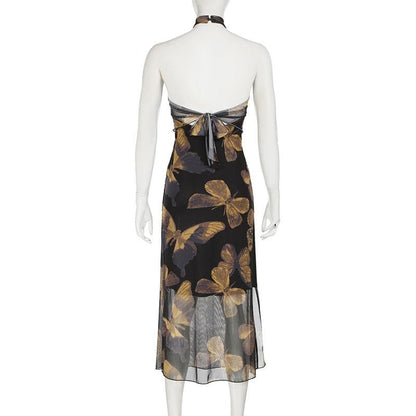 Halter butterfly print backless mesh maxi dress