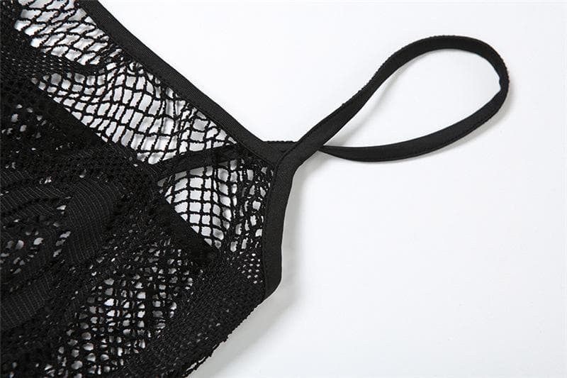 Rose pattern fishnet see through cami midi dress