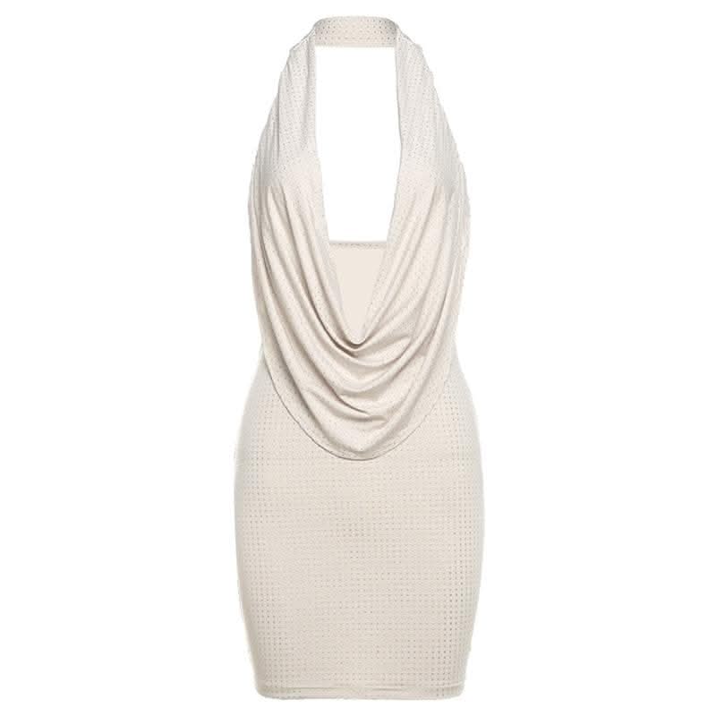 Halter cowl neck beaded low cut mini dress-final-sale