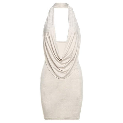 Halter cowl neck beaded low cut mini dress-final-sale