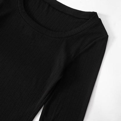 Long puff sleeve round neck ribbed ruched top
