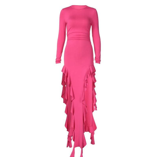 Long sleeve crewneck ruffle slit solid ruched maxi dress-final-sale