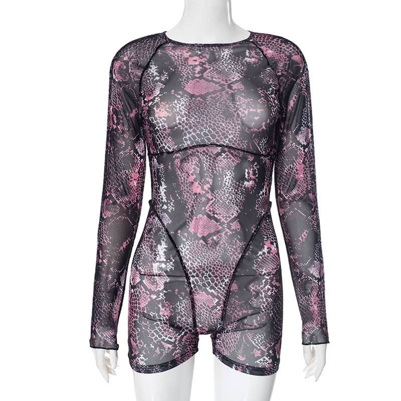 Long sleeve sheer mesh snakeskin print stitch romper