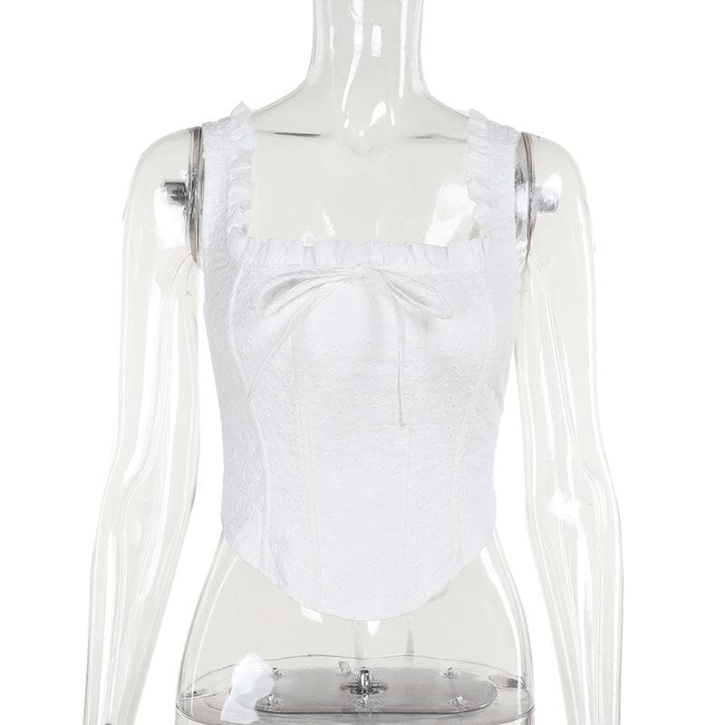 Ruched smocked textured bustier ruffle top