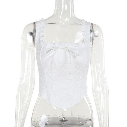Ruched smocked textured bustier ruffle top