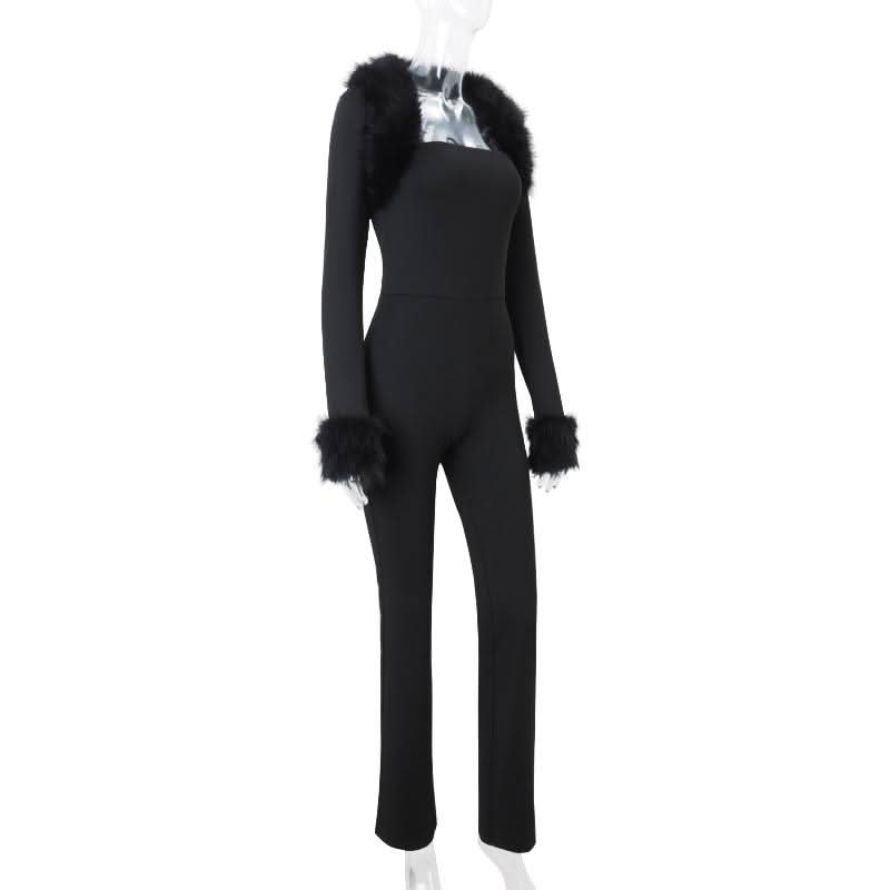 Long sleeve fluffy shrug 2 piece tube jumpsuit