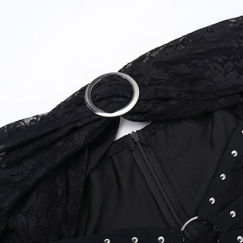 Off shoulder long sleeve o ring lace hollow out cut out mini dress
