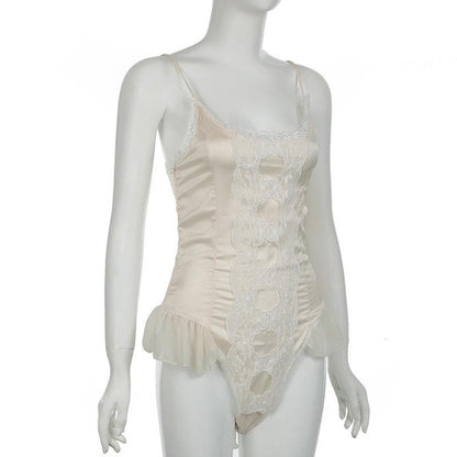 Lace patchwork satin ruffle cami bodysuit
