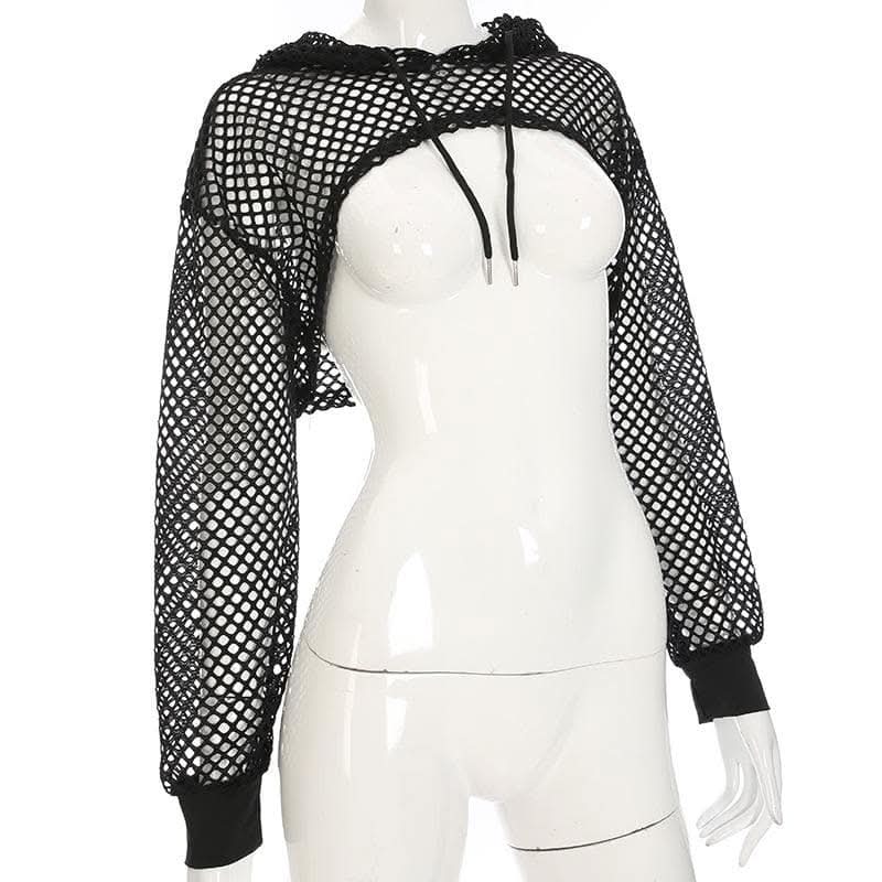 Fishnet hollow out solid long sleeve hoodie shrug cut out top-final-sale