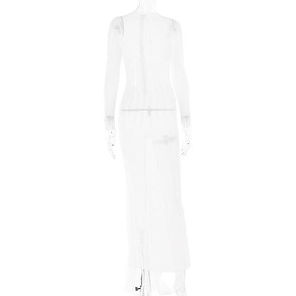 Long sleeve sheer mesh zip-up stitch maxi dress