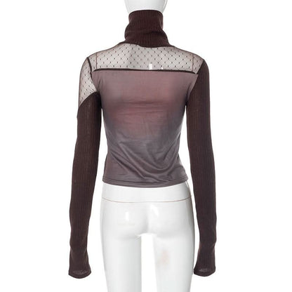 Long sleeve hollow out high neck button print cut out top