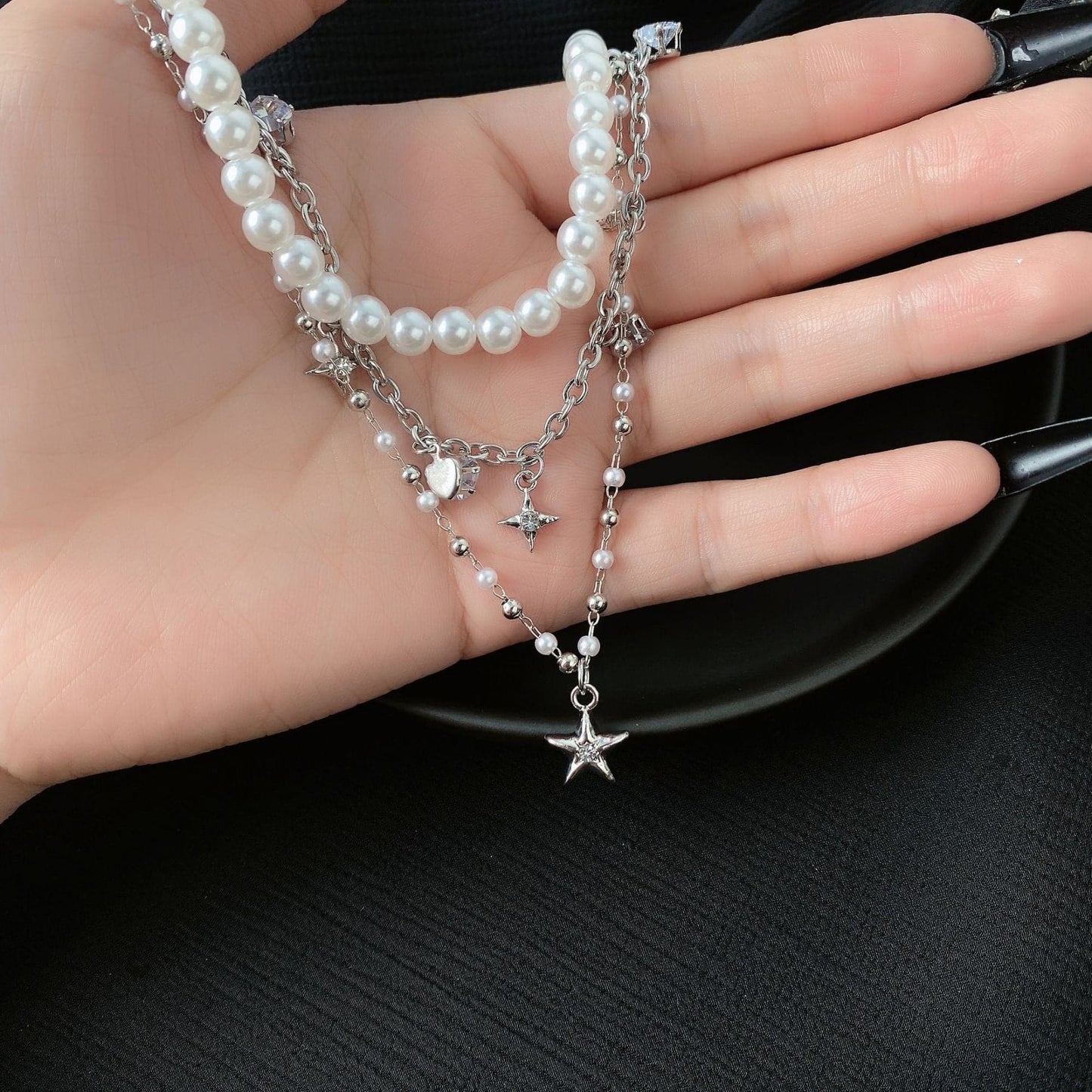 Layered star pendant choker necklace