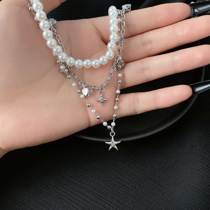 Layered star pendant choker necklace