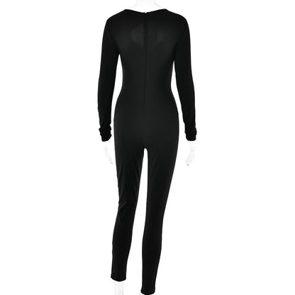 Long sleeve hollow out ruched solid jumpsuit