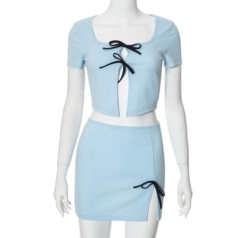 Short sleeve bowknot crop mini skirt set