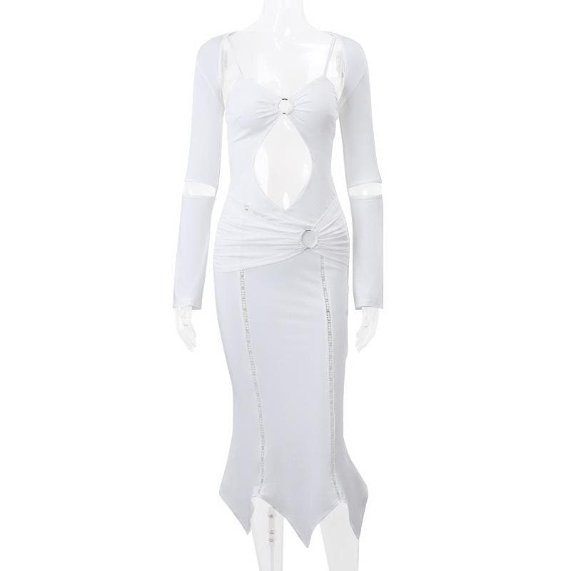 Long Sleeve O Ring Cutout Ruched Shrug Cami Midi Dress
