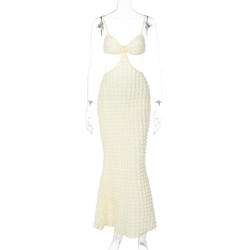 Solid hollow out waffle backless cami cut out midi dress