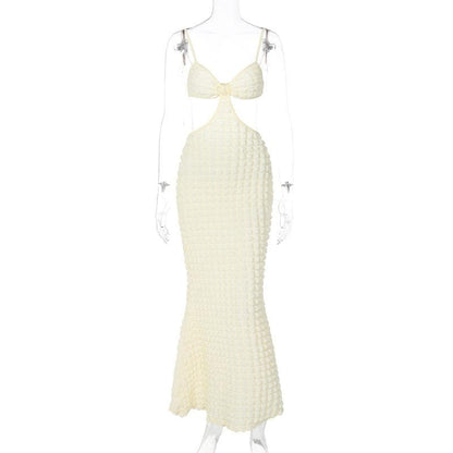 Solid hollow out waffle backless cami cut out midi dress
