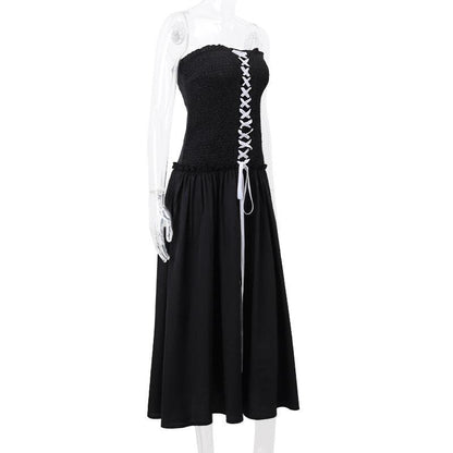 Smocked ruffle ruched lace up backless tube midi dress