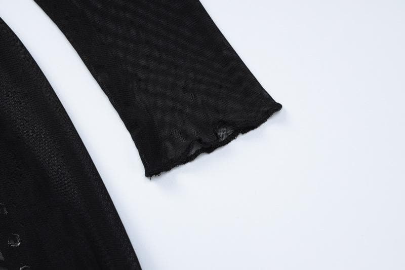Studded Crew Neck Body Print Sheer Mesh Long Sleeve Maxi Dress