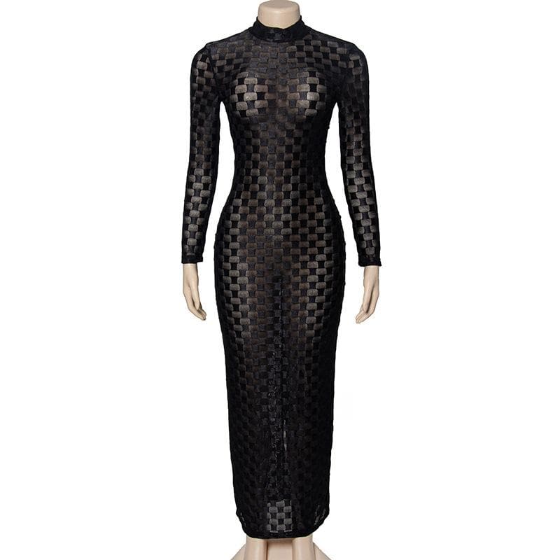Mock Neck Long Sleeve Sheer Mesh Checkerboard Print Bodycon Maxi Dress