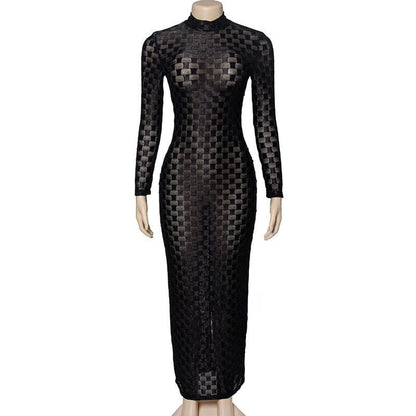 Mock Neck Long Sleeve Sheer Mesh Checkerboard Print Bodycon Maxi Dress