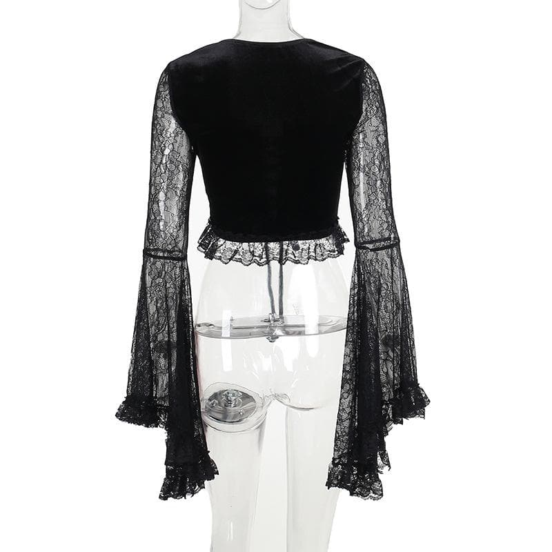 Long flared sleeve velvet lace patchwork ruffle lace up crop top