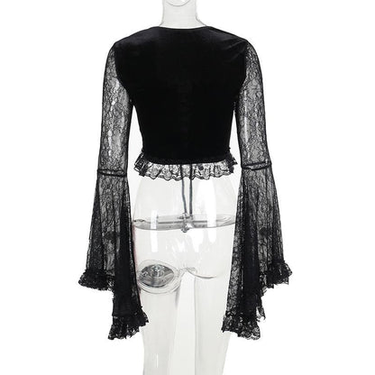 Long flared sleeve velvet lace patchwork ruffle lace up crop top