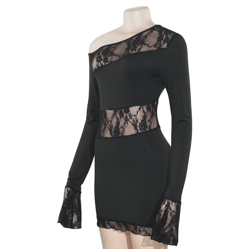 Long sleeve lace irregular one shoulder mini dress