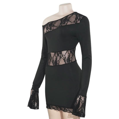Long sleeve lace irregular one shoulder mini dress