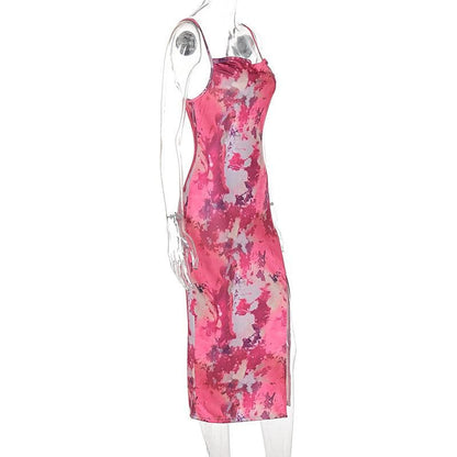 Cowl neck ruched print slit cami midi dress