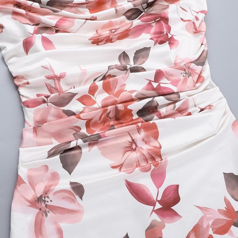 One shoulder ruched flower print maxi dress