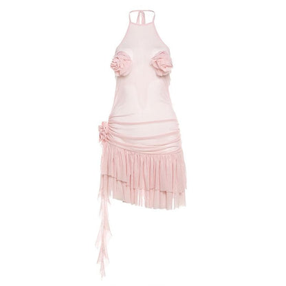 Halter sheer mesh ruffle flower applique mini dress