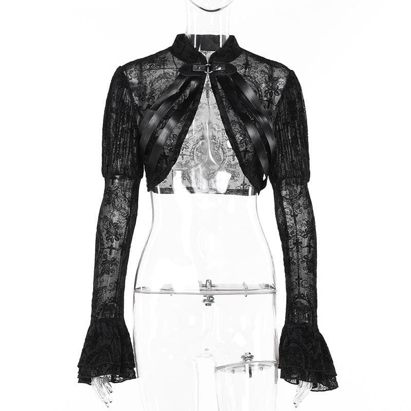 Long flared puff sleeve button shrug top