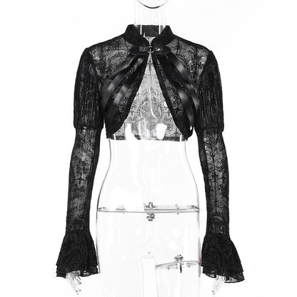 Long flared puff sleeve button shrug top
