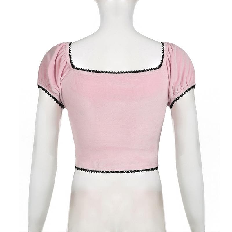 Short puff sleeve bowknot ribbon velvet top