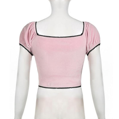 Short puff sleeve bowknot ribbon velvet top