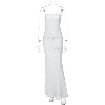 Lace see through solid tube maxi dress-final-sale