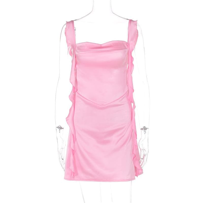Cowl neck ruffle satin ruched cami mini dress