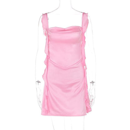 Cowl neck ruffle satin ruched cami mini dress